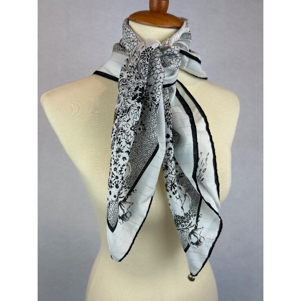 Vintage Olga Greco Paris Floral Scarf Lightweight Metallic Black White Italy - Picture 8 of 9